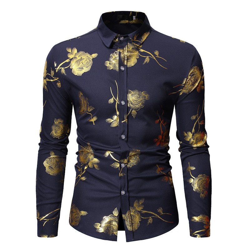 Camisa luxuosa de manga comprida - rosas douradas estampadas