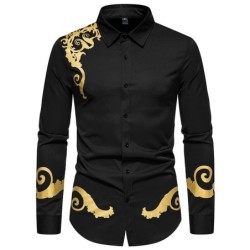 Camisa elegante de manga comprida - impressão barroca dourada de luxo