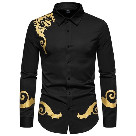 Camisa elegante de manga comprida - impressão barroca dourada de luxo