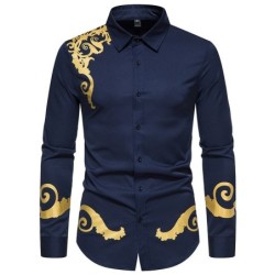 Camisa elegante de manga comprida - impressão barroca dourada de luxo