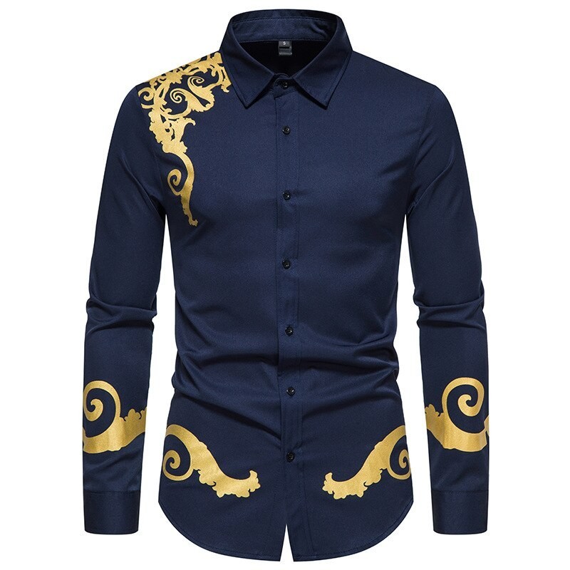Camisa elegante de manga comprida - impressão barroca dourada de luxo