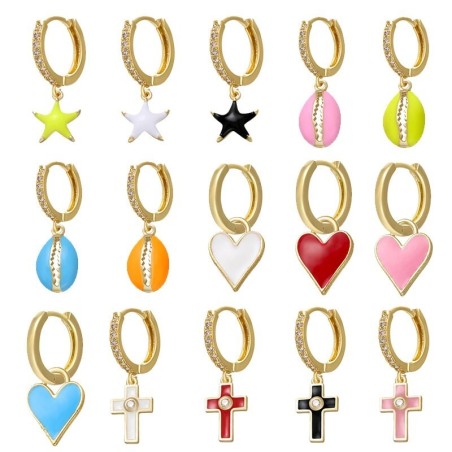 Small golden hoop earring - hanging heart / star / cross / shell - 1 pieceEarrings