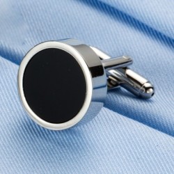 Abotoaduras clássicas redondas prateadas - com esmalte preto