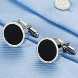 Abotoaduras clássicas redondas prateadas - com esmalte preto