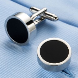Abotoaduras clássicas redondas prateadas - com esmalte preto