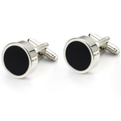 Abotoaduras clássicas redondas prateadas - com esmalte preto