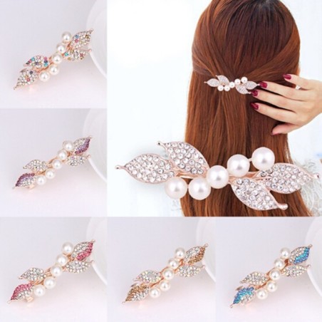 Gancho de cabelo dourado elegante - folhas de cristal / pérolas