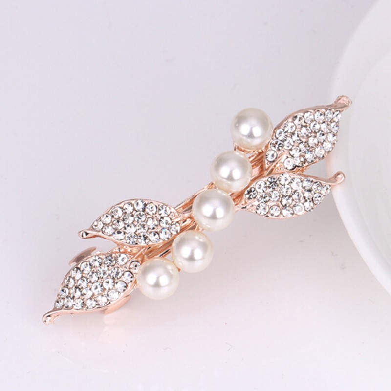 Elegant golden hairpin - crystal leaves / pearlsHair clips