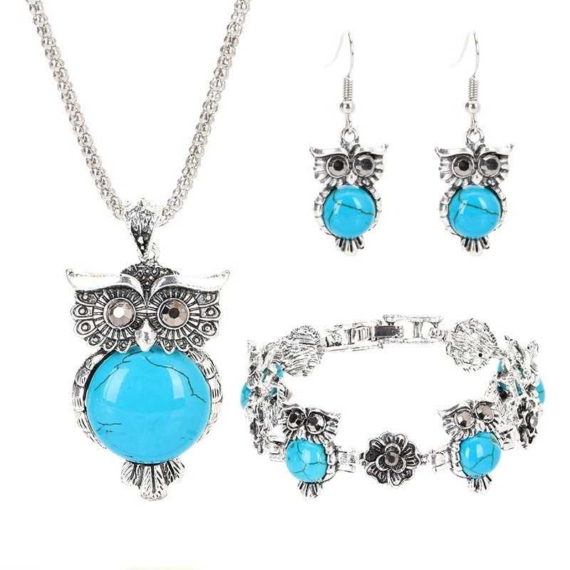 Conjunto de joias em prata - com corujas - colar/brincos/pulseira