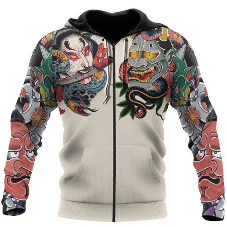 Cultura japonesa - máscara tatuagem estampada - moletom com zíper