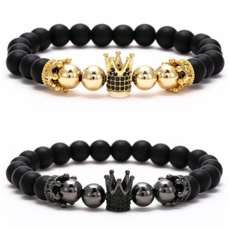 Pulseira de contas pretas - coroa decorativa / bolas