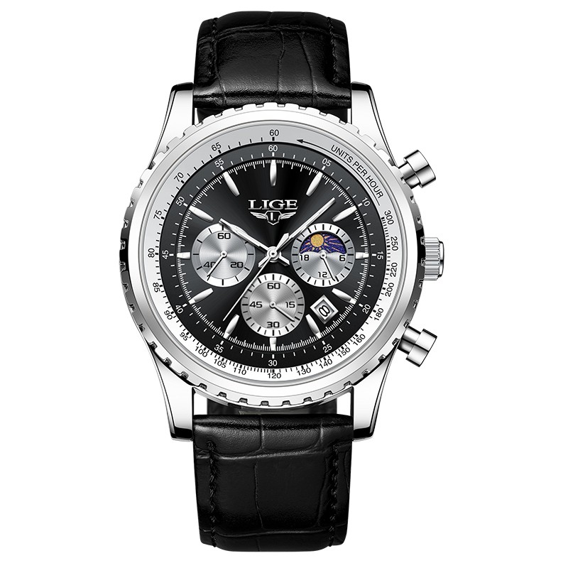 LIGE - relógio de quartzo de aço inoxidável de luxo - luminoso - pulseira de couro - à prova d'água - preto