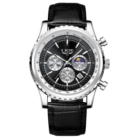 LIGE - relógio de quartzo de aço inoxidável de luxo - luminoso - pulseira de couro - à prova d'água - preto