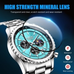 LIGE - luxury stainless steel Quartz watch - luminous - leather strap - waterproof - blueWatches