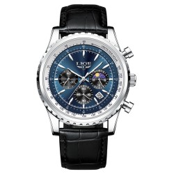 LIGE - relógio de quartzo de aço inoxidável de luxo - luminoso - pulseira de couro - à prova d'água - azul