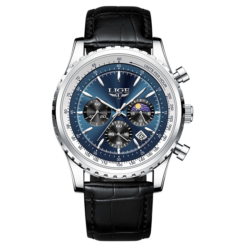 LIGE - relógio de quartzo de aço inoxidável de luxo - luminoso - pulseira de couro - à prova d'água - azul