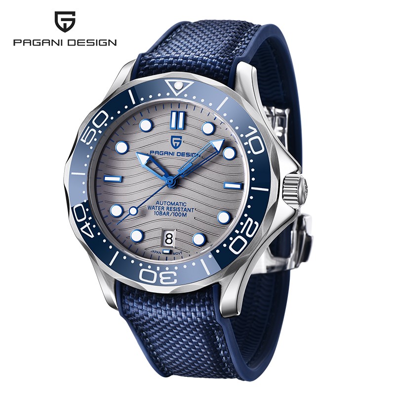 PAGANI DESIGN - relógio mecânico - aço inoxidável - à prova d'água - pulseira de nylon - azul