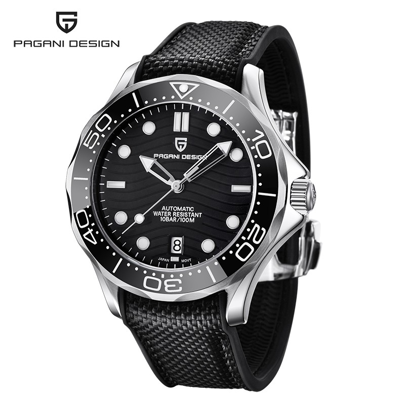 PAGANI DESIGN - relógio mecânico - aço inoxidável - à prova d'água - pulseira de nylon - preto