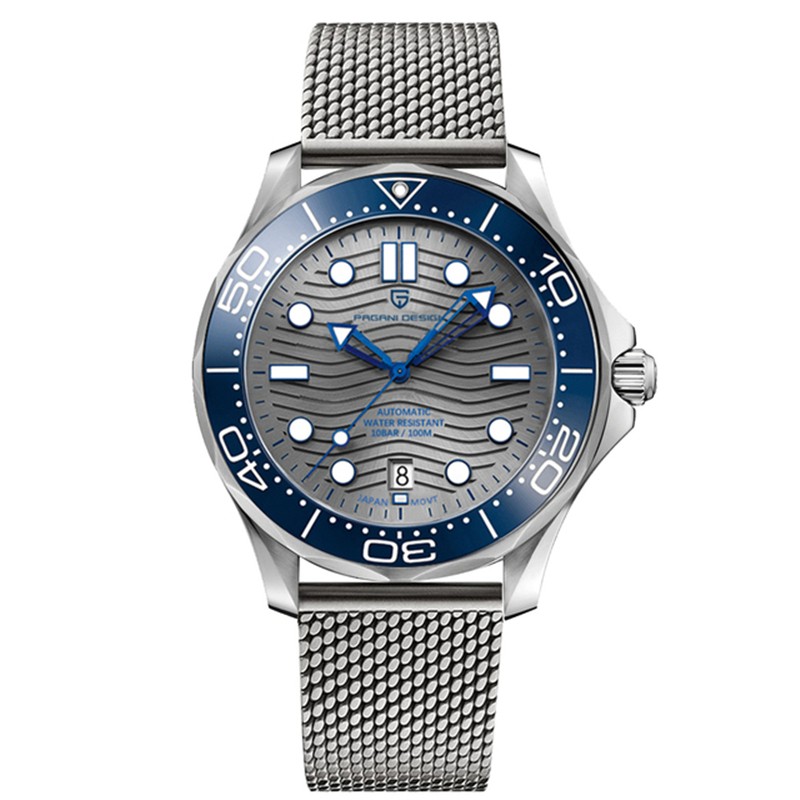 PAGANI DESIGN - relógio mecânico - aço inoxidável - pulseira de malha - à prova d'água - azul
