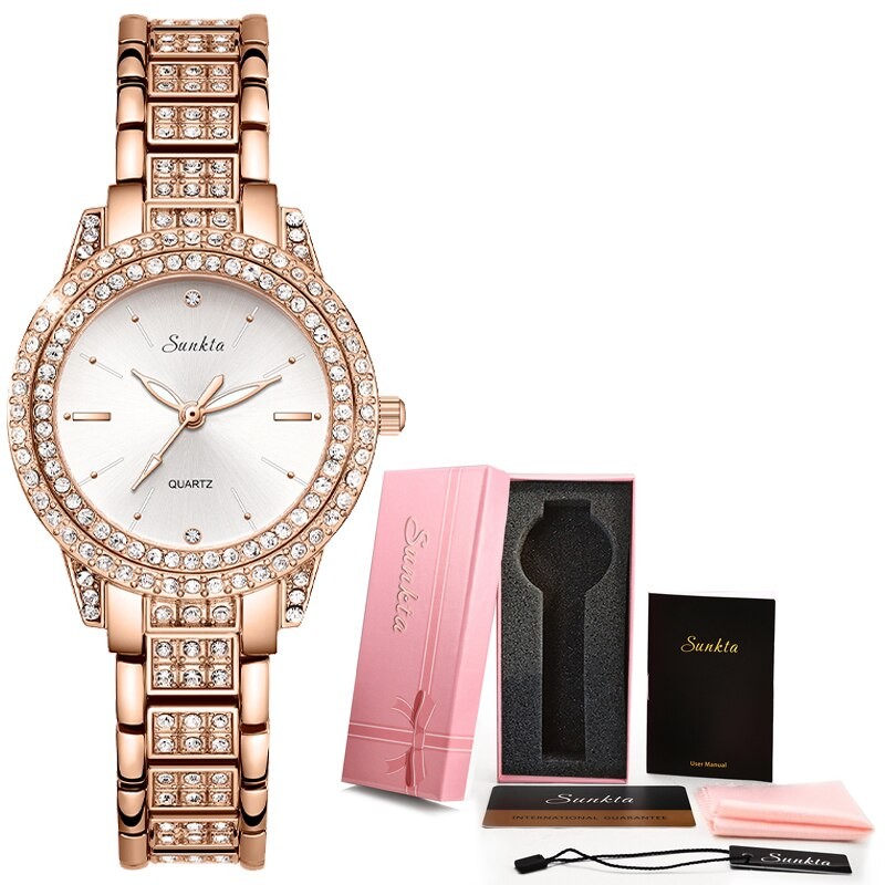 SUNKTA - elegante relógio de quartzo com cristais - ouro rosa