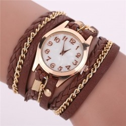 Multilayer leather bracelet - with a round Quartz watchBracelets