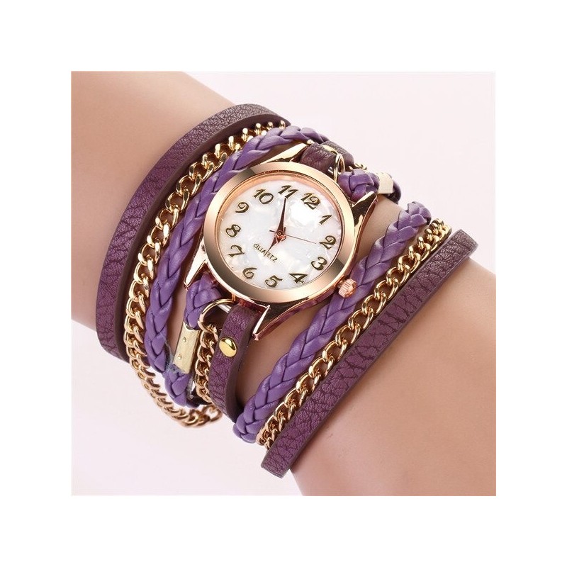 Multilayer leather bracelet - with a round Quartz watchBracelets