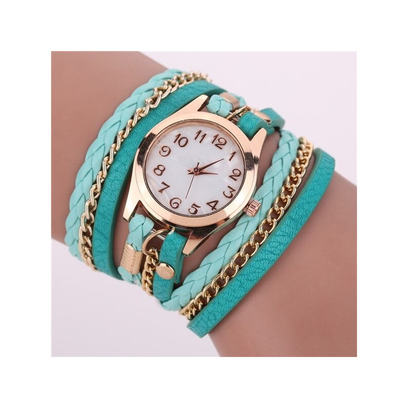 Multilayer leather bracelet - with a round Quartz watchBracelets
