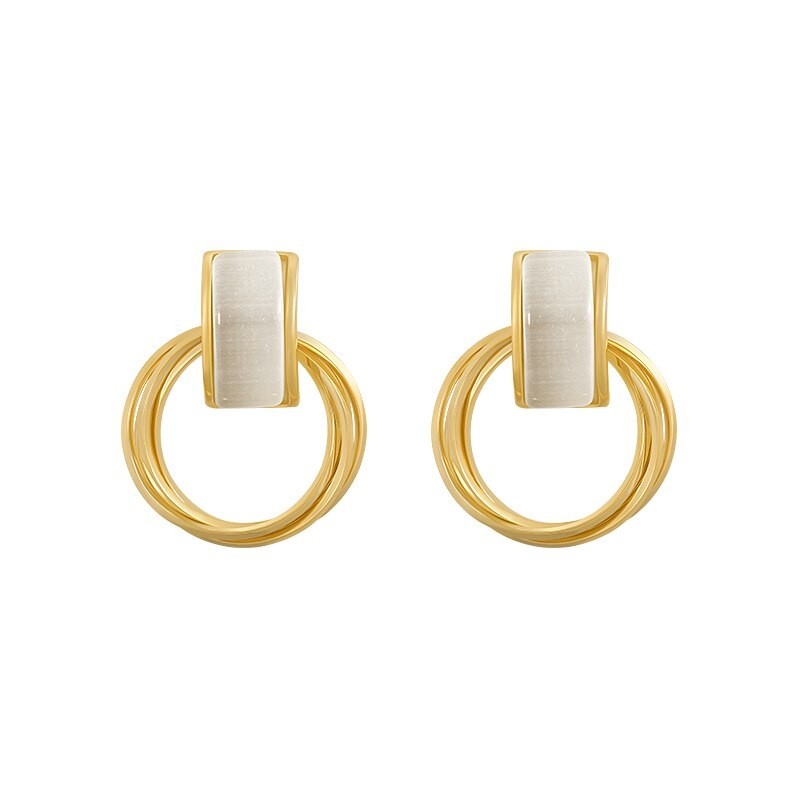 Elegant golden round earrings - with white opalEarrings