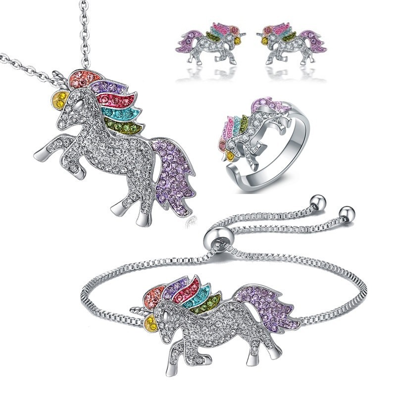 Conjunto de joias com unicórnio cristal - colar - pulseira - anel - brincos