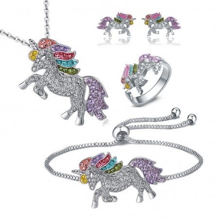 Conjunto de joias com unicórnio cristal - colar - pulseira - anel - brincos