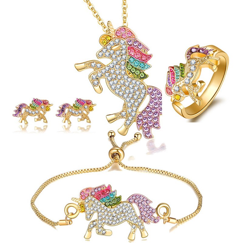 Conjunto de joias com unicórnio cristal - colar - pulseira - anel - brincos