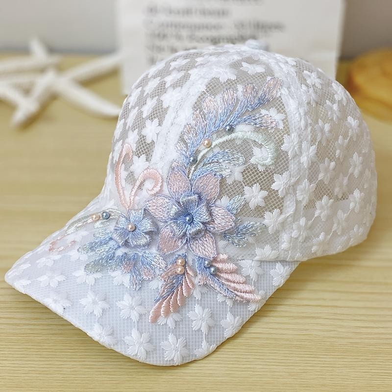 Boné de beisebol de renda fina - flores / folhas bordadas