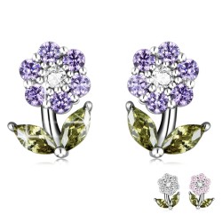 Brincos em forma de flores de cristal - prata esterlina 925
