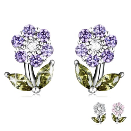 Brincos em forma de flores de cristal - prata esterlina 925