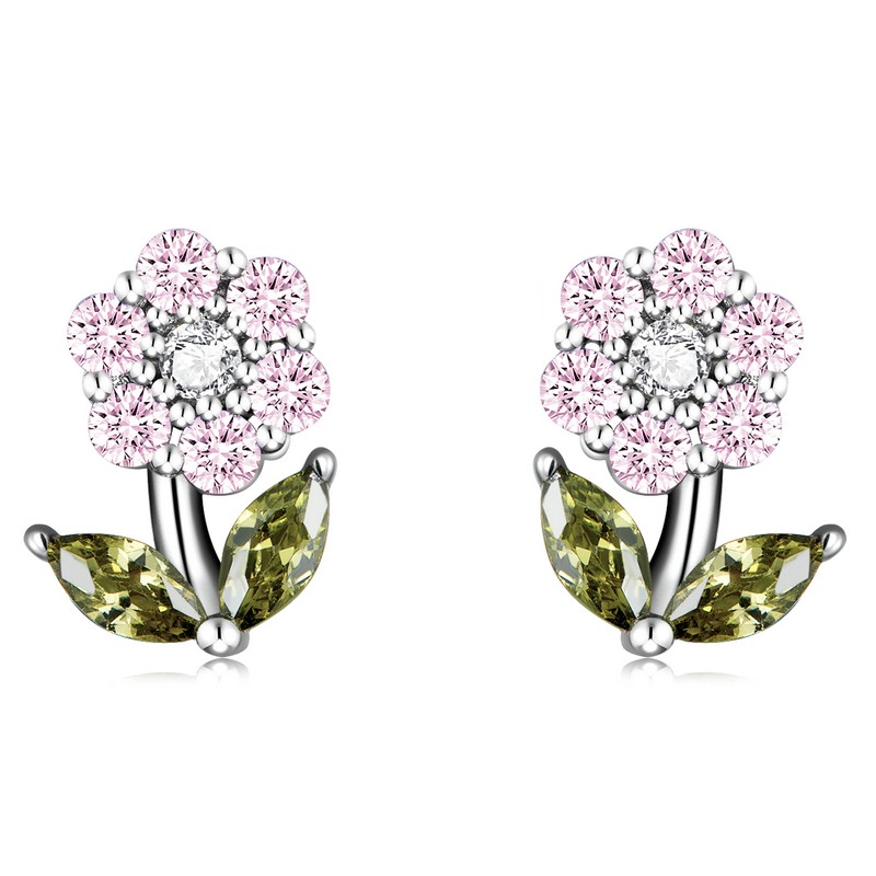 Brincos em forma de flores de cristal - prata esterlina 925