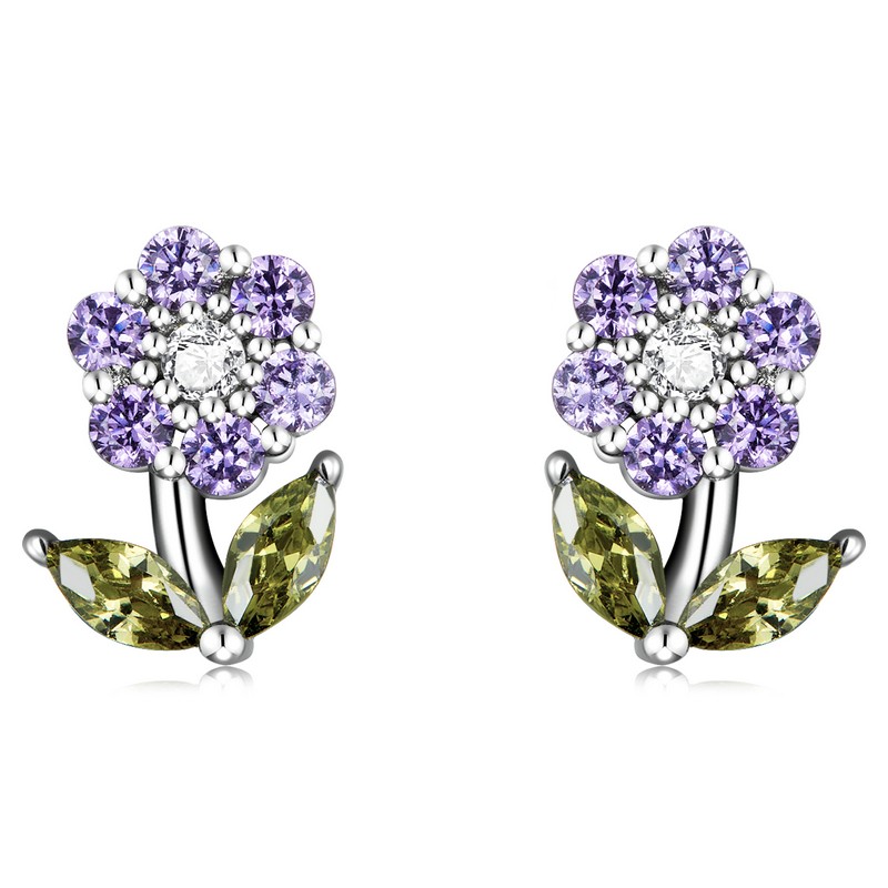 Brincos em forma de flores de cristal - prata esterlina 925