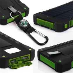 Banco de energia solar - USB duplo - à prova d'água - com chaveiro de bússola - LED - 30000mAh