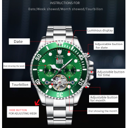 TEVISE - elegant automatic watch - stainless steel - waterproof - silver / greenWatches
