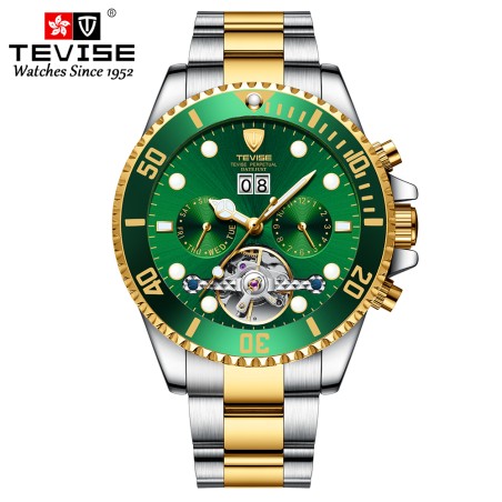 TEVISE - elegante relógio automático - aço inoxidável - impermeável - ouro / verde