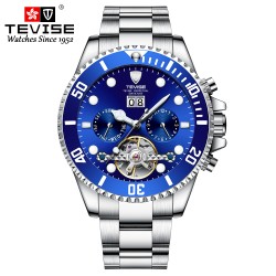 TEVISE - elegante relógio automático - aço inoxidável - à prova d'água - prata / azul