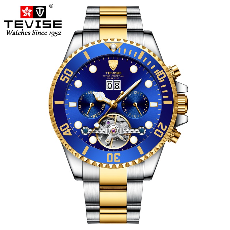 TEVISE - elegante relógio automático - aço inoxidável - à prova d'água - ouro / azul