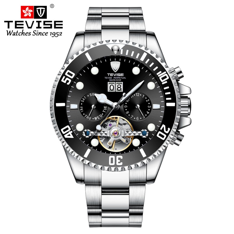 TEVISE - elegante relógio automático - aço inoxidável - impermeável - prateado / preto