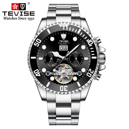 TEVISE - elegante relógio automático - aço inoxidável - impermeável - prateado / preto
