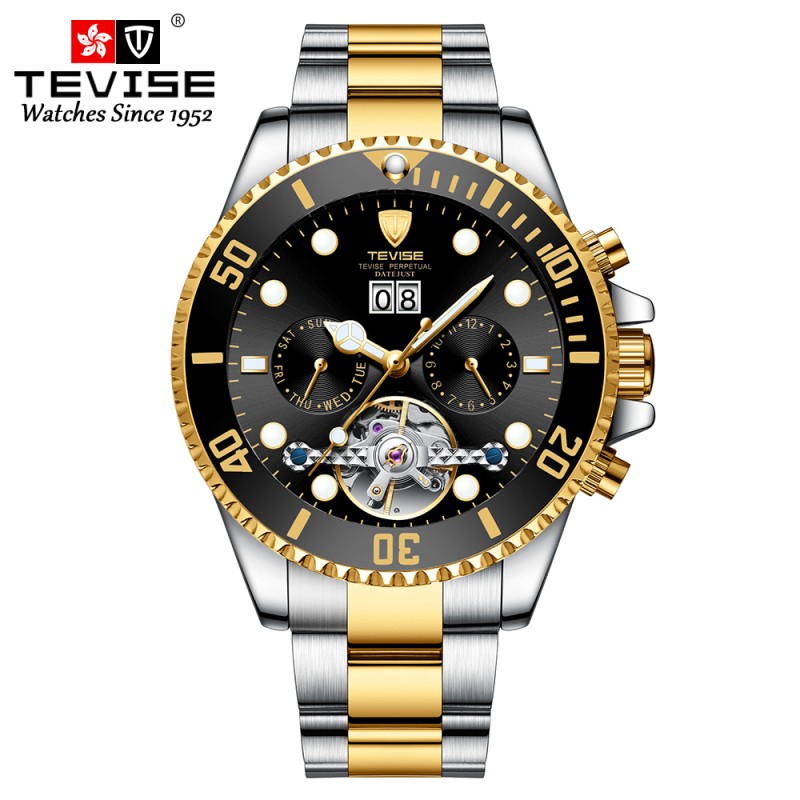 TEVISE - elegante relógio automático - aço inoxidável - à prova d'água - ouro / preto