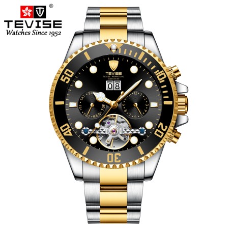 TEVISE - elegante relógio automático - aço inoxidável - à prova d'água - ouro / preto