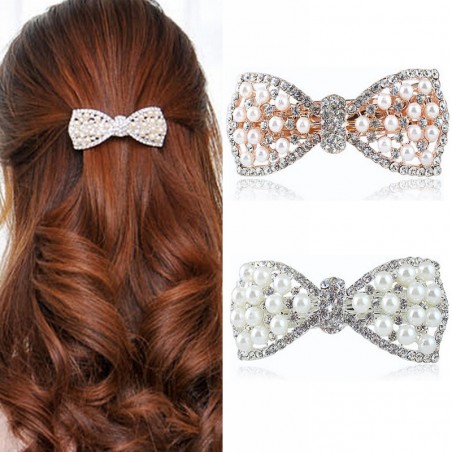 Laço de cristal com pérolas - grampo de cabelo