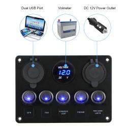 Painel de interruptores basculantes - Voltímetro digital à prova d'água - para carro - barco - caminhão - 12V - USB - LED