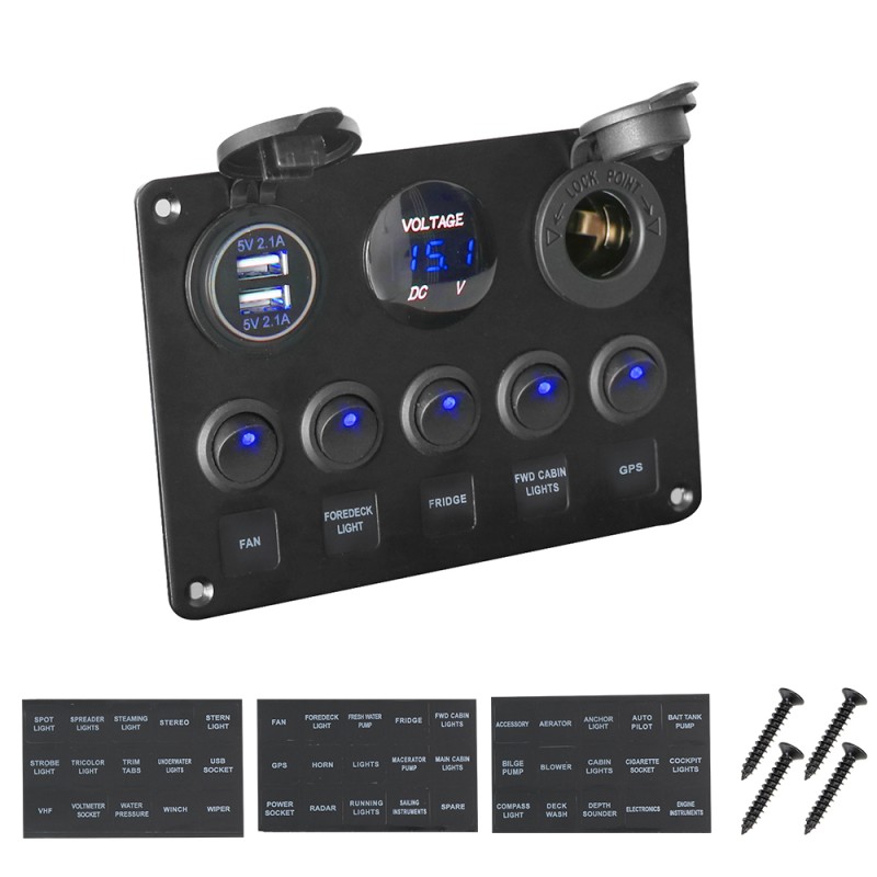 Painel de interruptores basculantes - Voltímetro digital à prova d'água - para carro - barco - caminhão - 12V - USB - LED