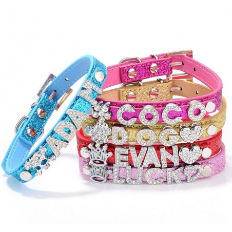Coleira para cães/gatos - com cristal nome e charm - personalizada