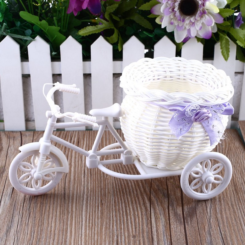 Plastic white bicycle - decorative flower basket - containerGarden